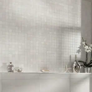 British Stone beige mosaic being used as a splash back in a bathroom
